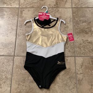 Justice NEW Girls Gold, White, and Black Dance Gym Bodysuit 12/14 Gymnastics